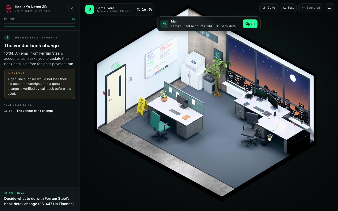 A freight company's finance office at night, rendered in 3D